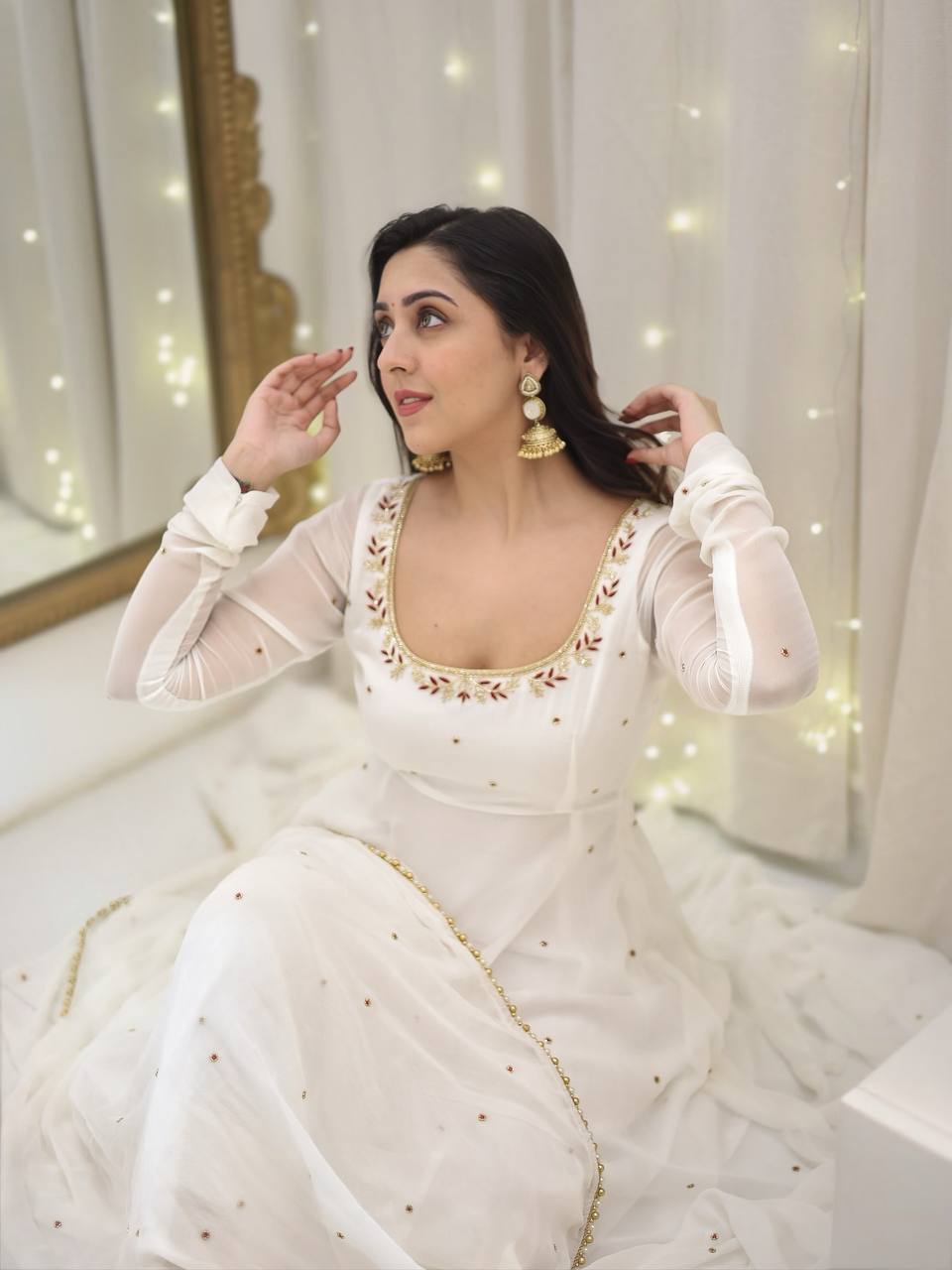 White Designer Gown Set in Faux Georgette – Embroidered & Fully Stitched with Dupatta KRS-5271