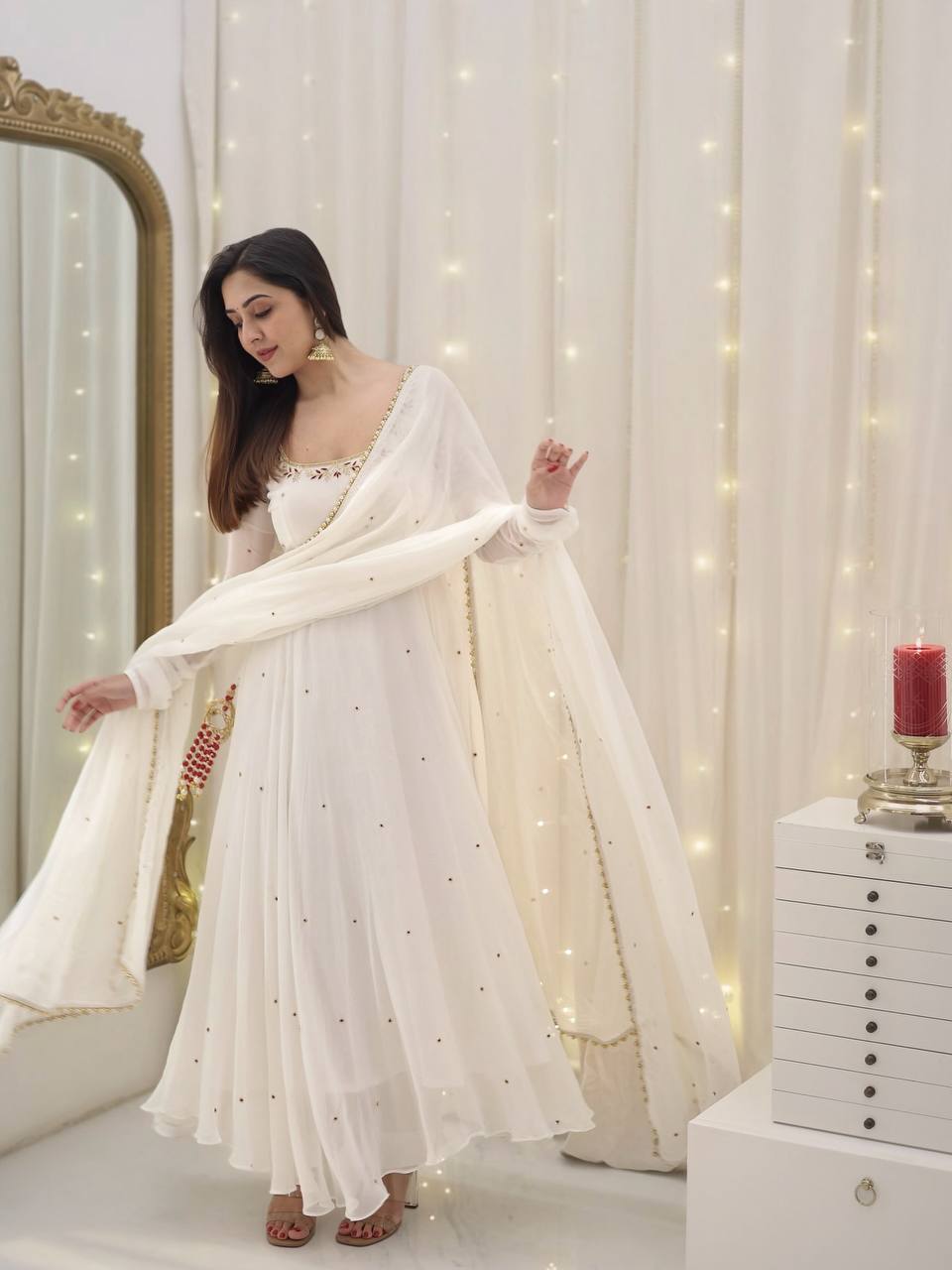 White Designer Gown Set in Faux Georgette – Embroidered & Fully Stitched with Dupatta KRS-5271