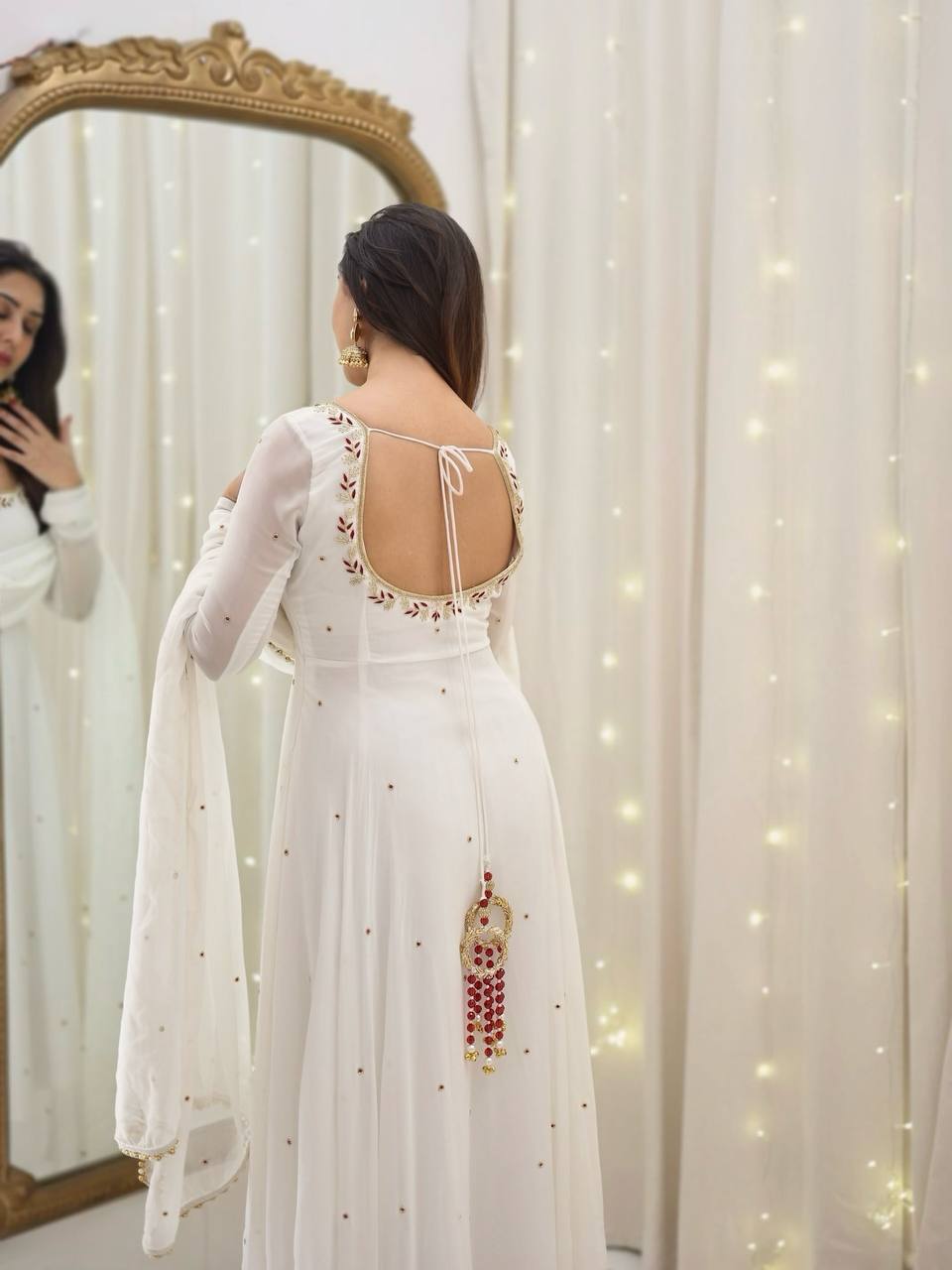 White Designer Gown Set in Faux Georgette – Embroidered & Fully Stitched with Dupatta KRS-5271