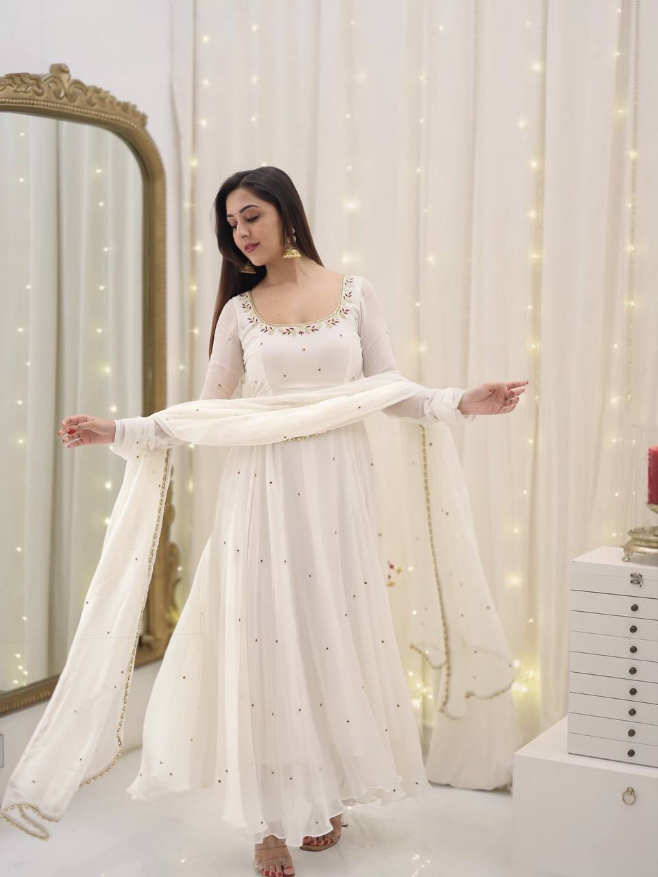 White Designer Gown Set in Faux Georgette – Embroidered & Fully Stitched with Dupatta KRS-5271