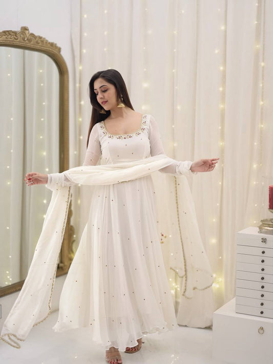 White Designer Gown Set in Faux Georgette – Embroidered & Fully Stitched with Dupatta KRS-5271