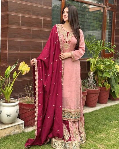 New Mayra Sharara Collection in Heavy Chinon Silk – Fully Stitched Top, Bottom & Dupatta Set RSN-857