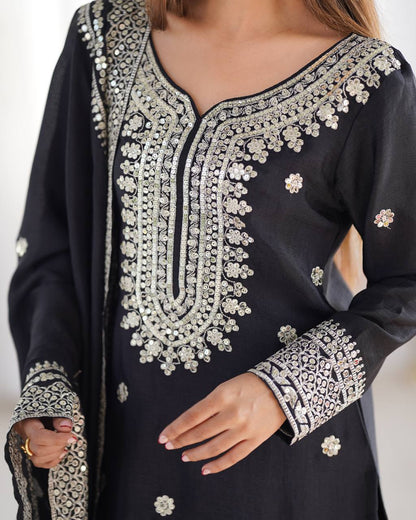 Elegant Black Embroidered Chinon Sharara Set with Dupatta KFN-800