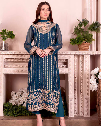 Premium Teal Blue Georgette Embroidered Suit Set for Women KFN-843