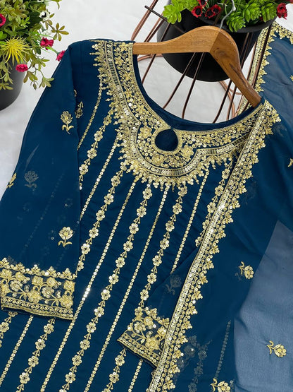 Premium Teal Blue Georgette Embroidered Suit Set for Women KFN-843