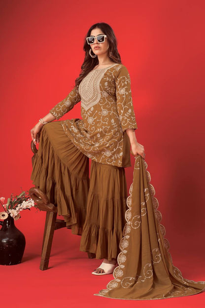 Embroidered Sharara Set for Women – Georgette Top, Flared Sharara & Lace Dupatta KFZ-5005