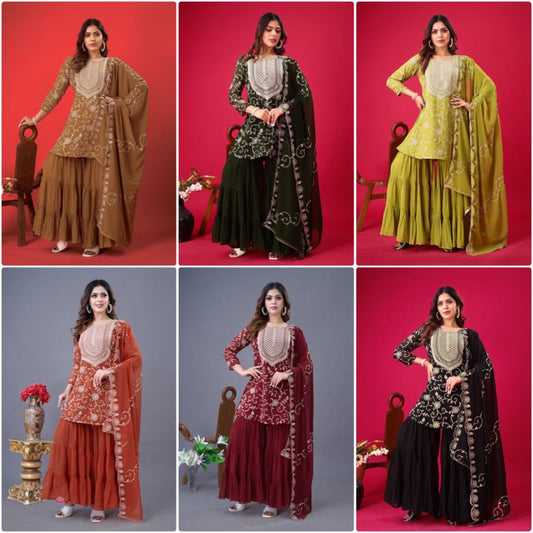 Embroidered Sharara Set for Women – Georgette Top, Flared Sharara & Lace Dupatta KFZ-5005
