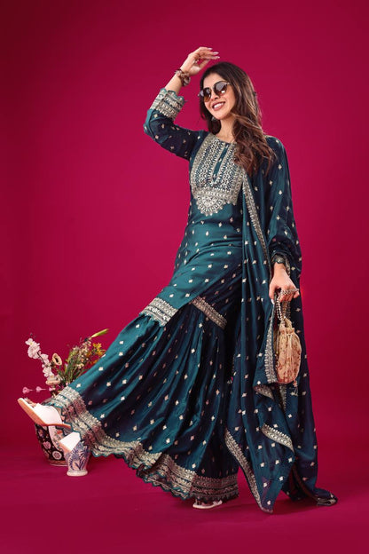 Women's Teal Embroidered Sharara Suit Set – Festive & Wedding Party Wear KFZ-5006
