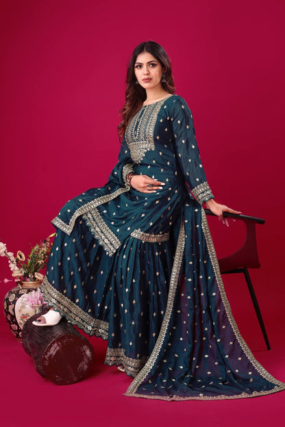 Women's Teal Embroidered Sharara Suit Set – Festive & Wedding Party Wear KFZ-5006