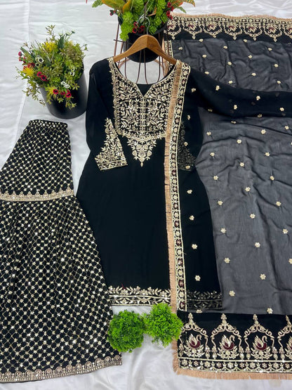 Black Velvet Embroidered Sharara Set KFS-510