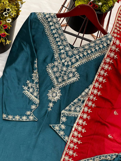 Dark Green Embroidered Punjabi Suit Set with Contrast Red Dupatta KFS-5249