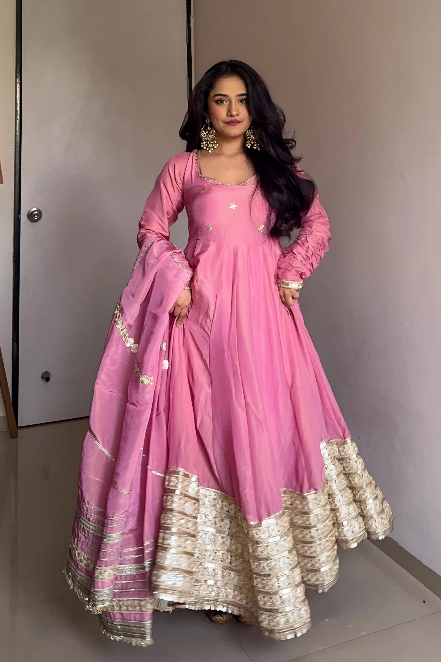 Nargish Pink Vichitra Silk Anarkali Suit Set