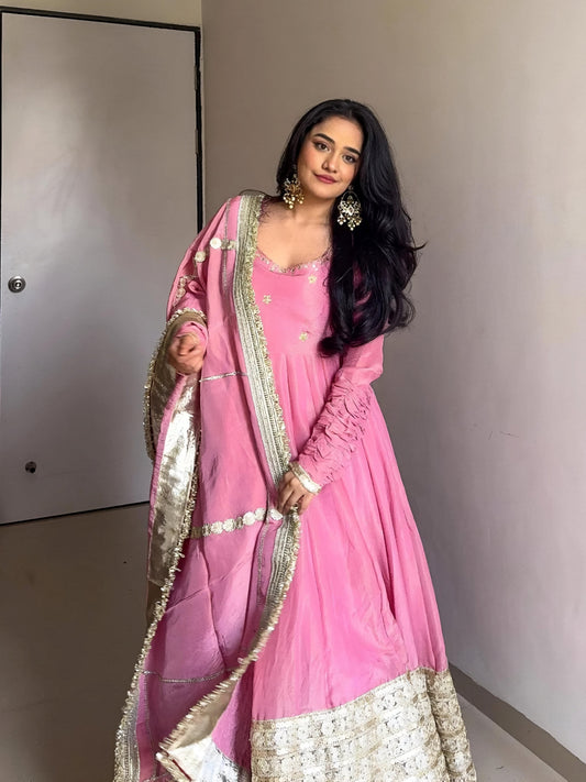 Nargish Pink Vichitra Silk Anarkali Suit Set