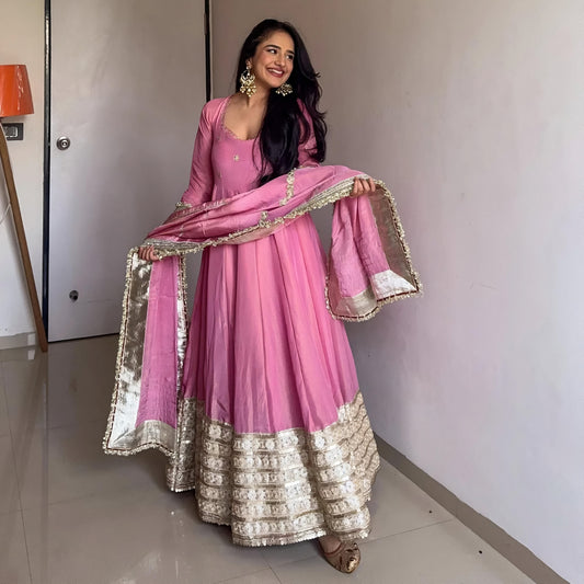 Nargish Pink Vichitra Silk Anarkali Suit Set